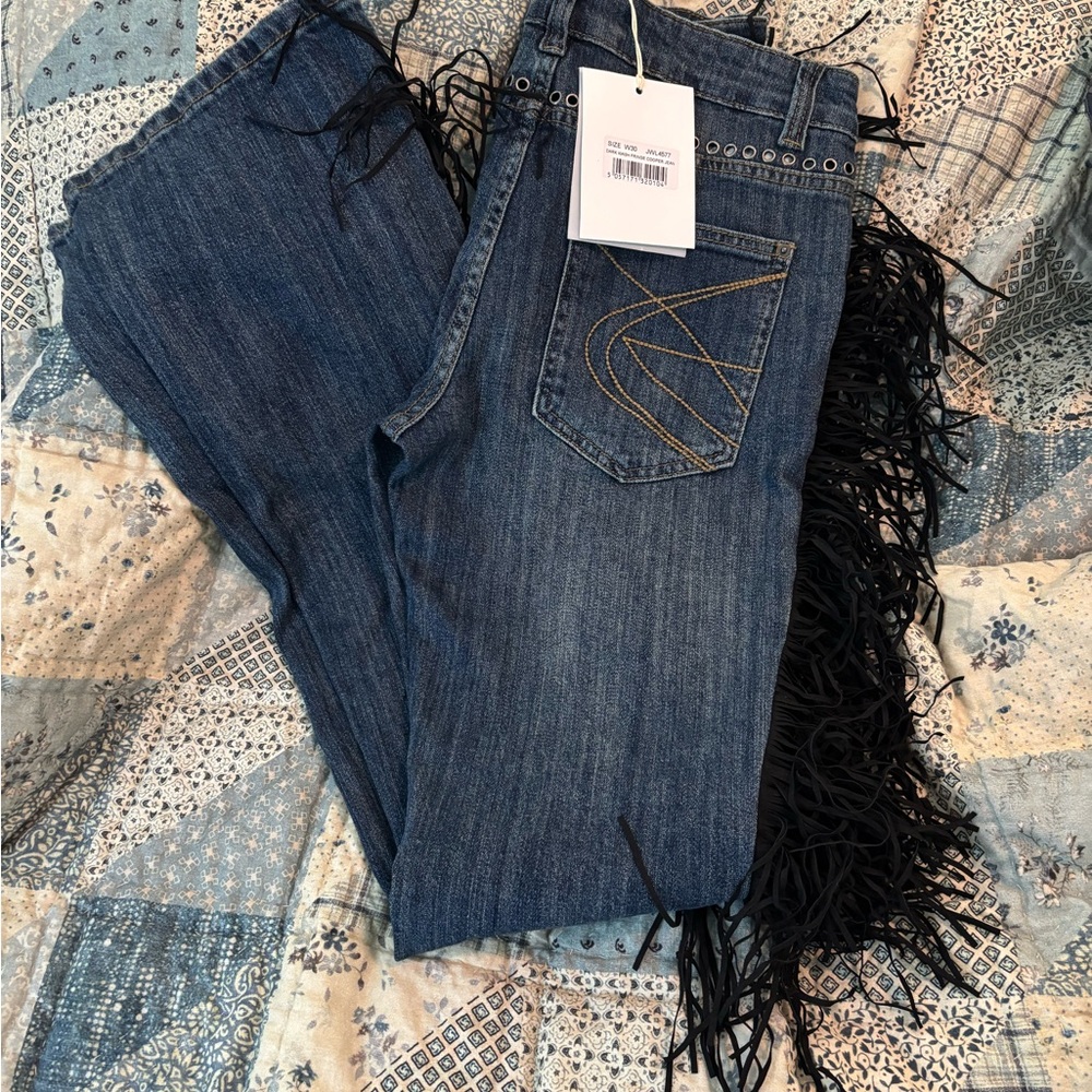Jaded London Blue Flare Jeans with Fringe
